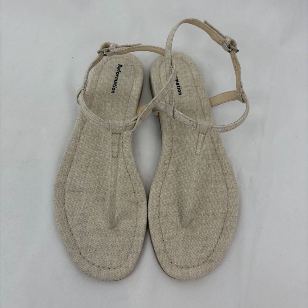 Reformation Cream Linen Thea T-Strap Women's Sandals Brand New! - Picture 5 of 9